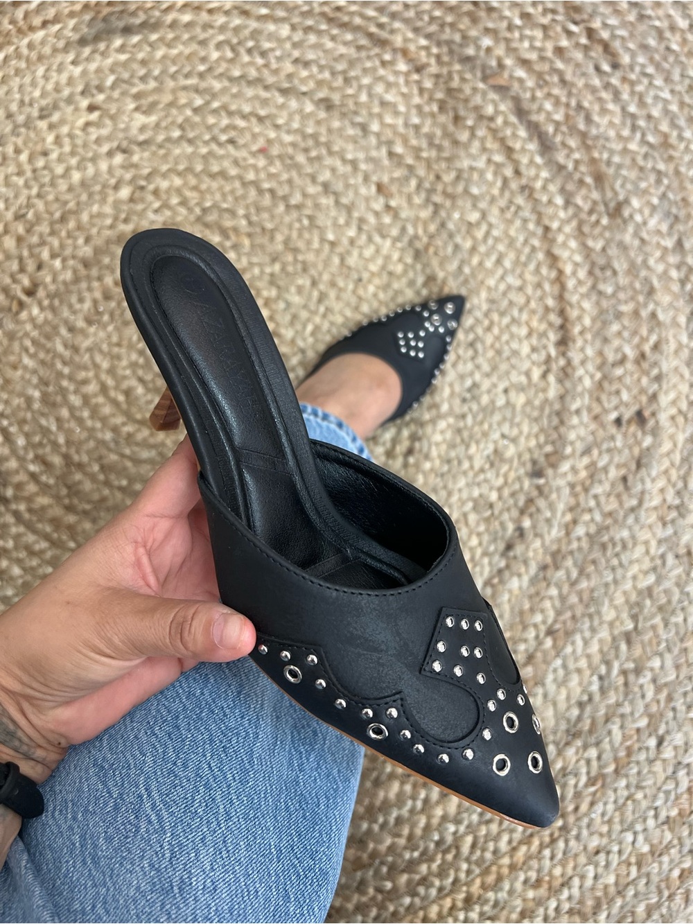 Black Pointed-Toe Slingback Heels with Silver Stud Accents - Picture 2 of 8